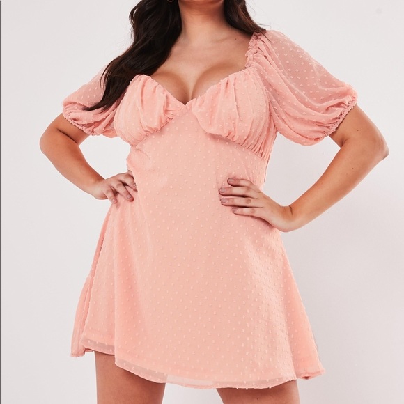 Missguided Dobby Milkmaid Skater Dress Peach Blush Pink Plus Size 14 - Picture 1 of 9